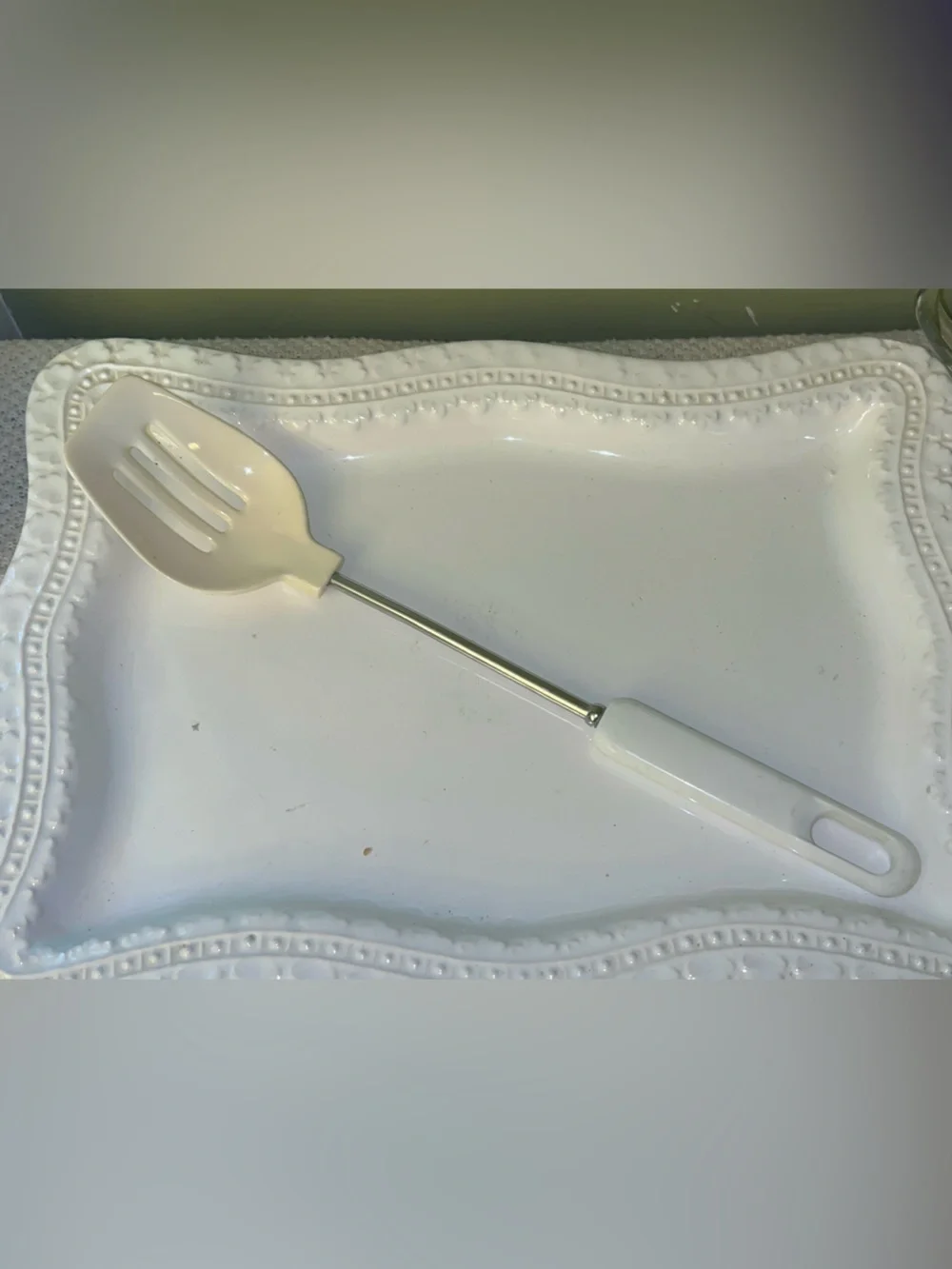 Vintage White Slotted Serving Spoon